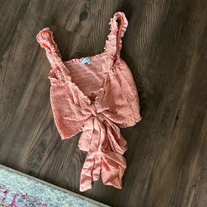 Olivaceous pink smocked tie front crop top tank